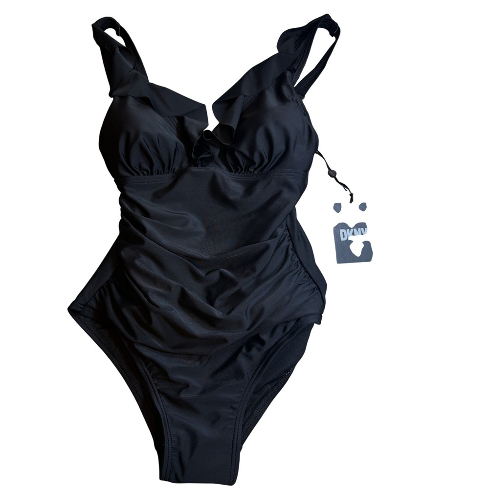 DKNY Womens Black Ruffled V-Neck Ruched One Piece Swimsuit DI0MS691 Size 4